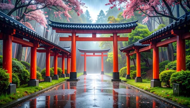 Misty Japanese torii gate path