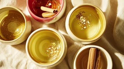 Golden herbal tea, cinnamon, sunlight, fabric, wellness