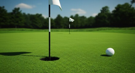 Obraz premium A Golf Ball on a Lush Green Putting Green with Flags in the Background on a Sunny Day