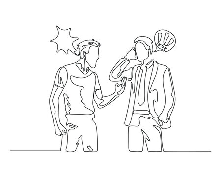 Continuous line drawing of two men having an intense conversation, one in casual clothes and one in business suit, communication concept
