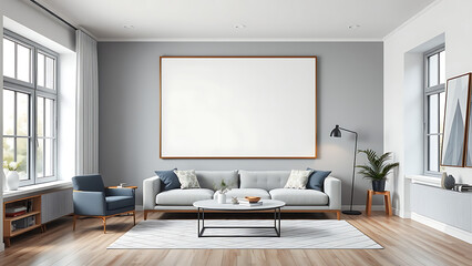 Blank mock up poster frame in modern interior background living room Scandinavian style 3D render 3D