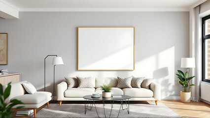 Blank mock up poster frame in modern interior background living room Scandinavian style 3D render 3D