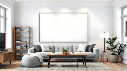 Blank mock up poster frame in modern interior background living room Scandinavian style 3D render 3D