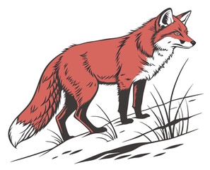 Fototapeta premium Red fox standing on rocky terrain with grass in the background 