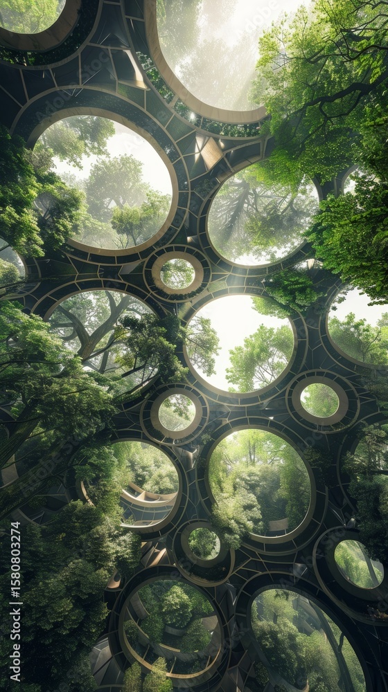 Poster a silent and serene forest canopy of overlapping circles and squares blending together in perfect ha
