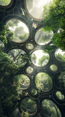 A silent and serene forest canopy of overlapping circles and squares blending together in perfect harmony.