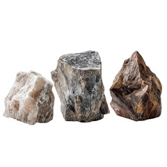 Three Rough Stones: A collection of three uniquely textured and colored rough stones, perfect for decorative or artistic purposes.  Each stone showcases a different shade and pattern.