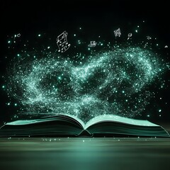 Open book, magical energy, musical notes, glowing particles, mystical, illuminated