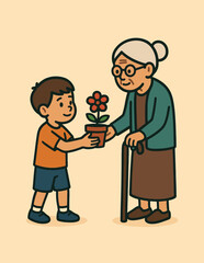 Grandchild Gift: A heartwarming illustration of a young boy presenting a potted flower to his elderly grandmother, symbolizing love, care, and generational connection.