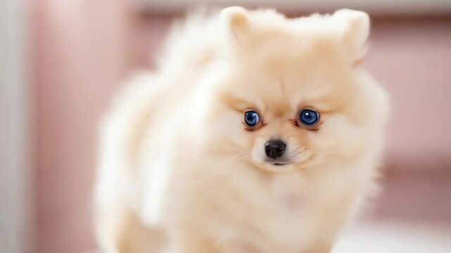 Adorable Cream Pomeranian Puppy with Blue Eyes in Soft Lighting