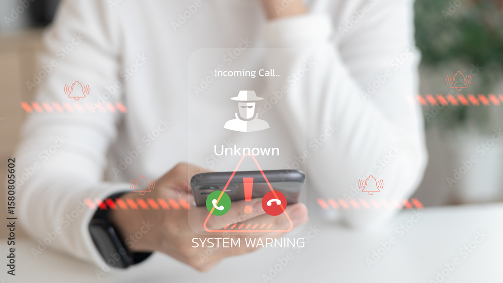 Aufkleber smartphone shows system warning for incoming unknown call. cybersecurity fraud alert concept with an
