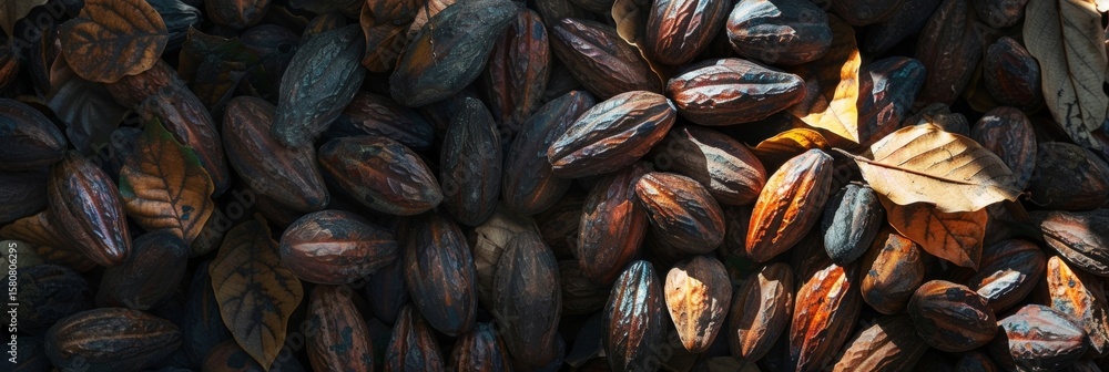 Poster the marbling effect of light and shadows on a pile of cacao beans is accentuated in this closeup cre