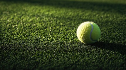 Detailed close-up of a single tennis ball against green grass texture, reflecting a sporty atmosphere