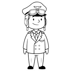 Obraz premium A cute cartoon child pilot in uniform with a cap and goggles A chibi style character representing a profession for a kids coloring book Black and white vector