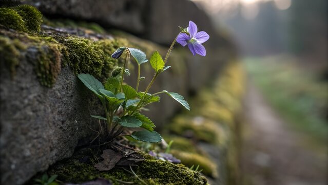 Glimmering Violet: Nature's Whisper in a Mossy Stone Wall - Spring Bloom