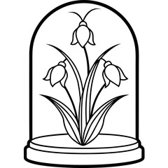 Elegant outline illustration of delicate snowdrops captured within a glass bell jar