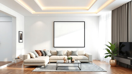 Blank mockup poster frame on the wall of living room Luxurious apartment background with contemporar