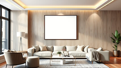 Blank mockup poster frame on the wall of living room Luxurious apartment background with contemporar