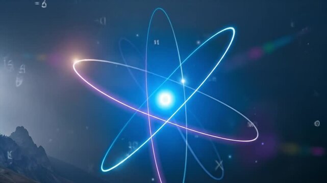 Stylized atomic structure over dark mountains. Glowing orbits with scientific notations. Futuristic digital artwork of vibrant atom.