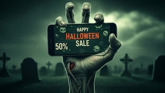 Undead Hand Holding Smartphone with Halloween Sale Message in Spooky Graveyard. Digital Illustration for Online Holiday Shopping.