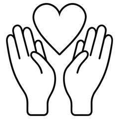 Simple line art illustration of open hands gently cradling a red heart symbol representing love and care