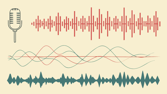 Audio voice sound wave microphone frequency waveform analysis vector graphic design illustration for music app