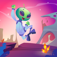 Alien jumping. abstract funny character in space planet