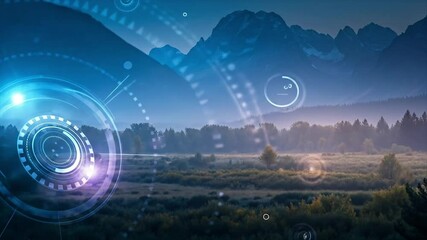 Misty valley with futuristic digital overlay. Sci-fi HUD elements in serene landscape. Panoramic nature scene with high-tech graphics. - Powered by Adobe