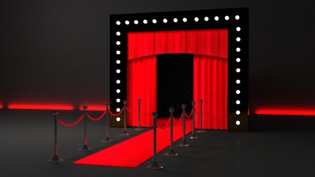 Red carpet pathway lined with gold stanchions and red curtains, perfect for event, awards, or premiere imagery.
