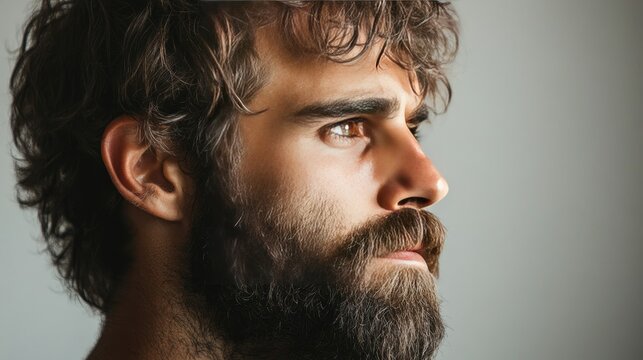 Profile shot of a man with a rough, patchy beard and unkempt facial hair, capturing raw individuality