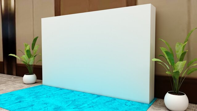 3D exhibition stand. White empty geometric square. White blank promotion. Presentation event room display. Blank wall. Blank mock-up box product isolated. Mockup for press wall, pop up. Template	
