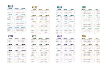 Calendar 2026 corporate with 2027 - 2033 set collection unique design template