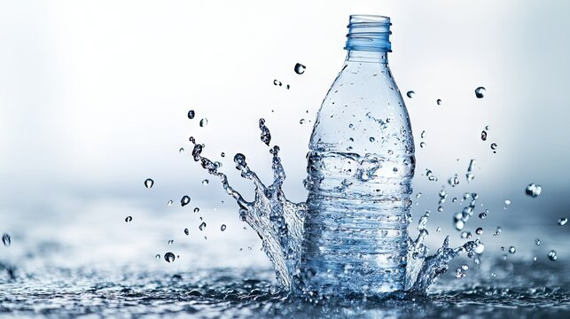 Refreshing water splashed from a opened bottle against a plain background, emphasizing purity and movement