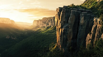 Sharp cliff face with dramatic stone textures rising above a lush mountain landscape under golden hour light