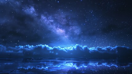 panoramic view of celestial horizon of midnight blue with shimmering stars, rolling clouds, and reflected starlight under vast galaxy sky