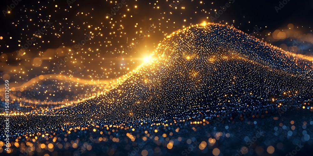 Poster glowing particles creating waves of light in a dark background