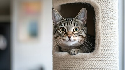 Tabby cat peeking out from a cubbyhole on a cat tower, looking alert and curious in a modern home setting