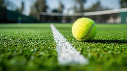 Tennis ball sitting near a white boundary line on an artificial grass court, adding depth to the picture