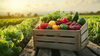 Textured wooden box brimming with healthy farm-fresh produce, set in a green agricultural landscape