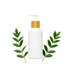 White pump bottle with bamboo accent and green leaves isolated on transparent background