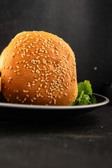 Bun burger puffy soft buns baking fresh delicious gourmet food background on the table rustic food top view copy space