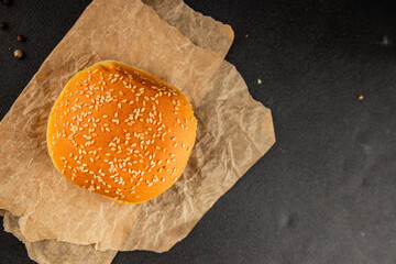 Bun burger puffy soft buns baking fresh delicious gourmet food background on the table rustic food...