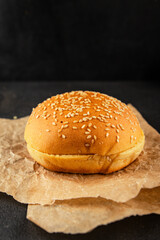Bun burger puffy soft buns baking fresh delicious gourmet food background on the table rustic food...