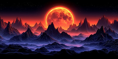 Surreal Mountain Landscape with Vibrant Orange Moon Glow