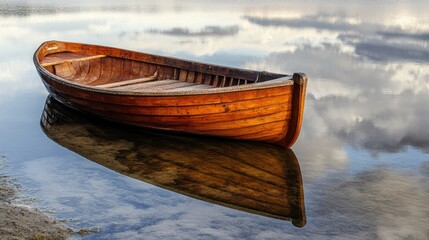 The side view of a wooden boat resting near the shore, its reflection glimmering in the water