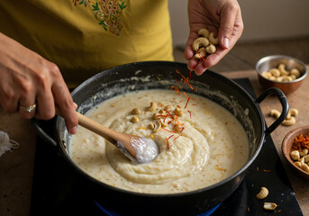 Top Down Shot of Hands Preparing Kheer with Saffron and Nuts in Simmering Pot for Festival Feast