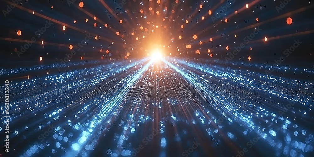 Poster bright sparkling light rays effect in dark space environment