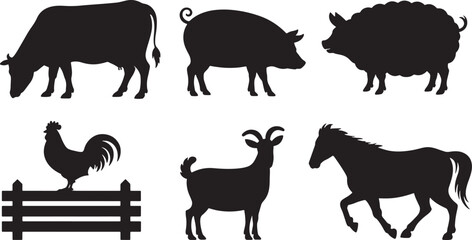 Diverse Farm Animal Silhouettes: Pig, Goat, and Horse, Representing Rural Life, Agriculture, and Livestock.