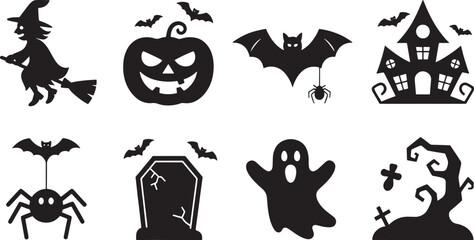 Obraz premium Spooky Halloween Holiday Icons: Pumpkin, Bat, Ghost, and Tombstone, Perfect for Seasonal Celebrations.