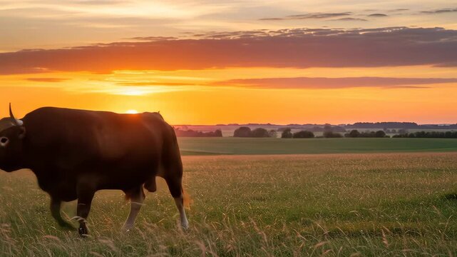 Brown Bull in a Field at Sunset